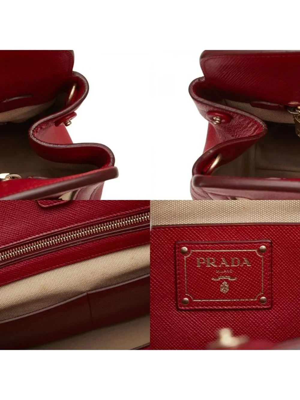 Prada Saffiano Canapa 2-Way Shoulder Bag Beige Red Canvas Leather